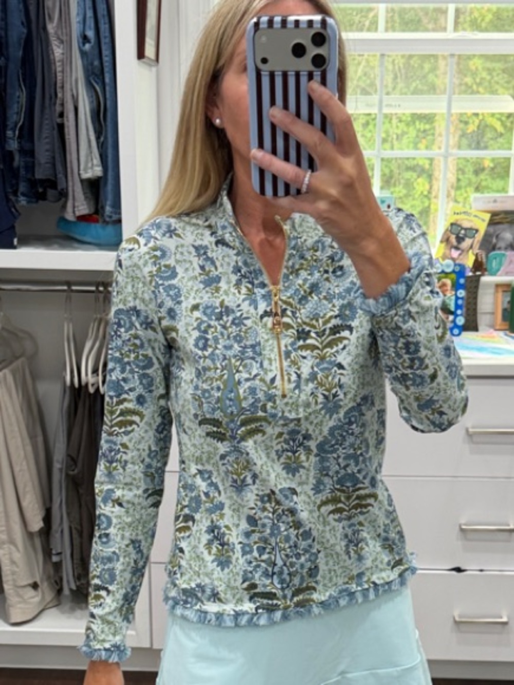 Spartina 449 Blue Floral Zip-Up Pullover with Fringe XS